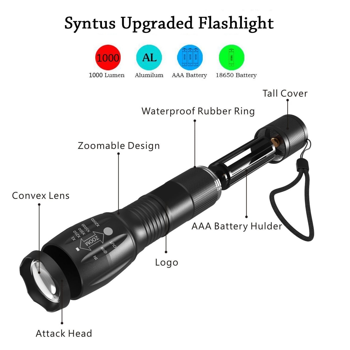 Portable Mini Flashlight LED ZOOM Torch Hunting Flashlight