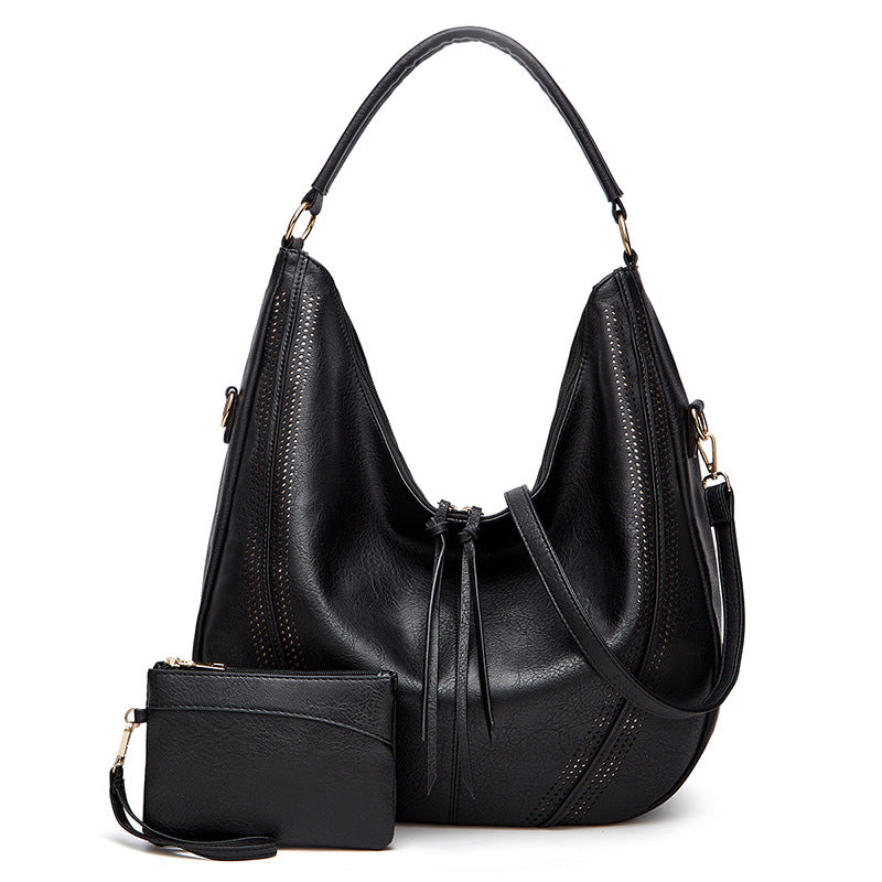 New Trend Retro Large Capacity Tote Shoulder Bag Tassel Women Gym From House Black 2PCS