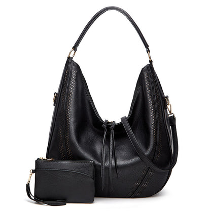 New Trend Retro Large Capacity Tote Shoulder Bag Tassel Women Gym From House Black 2PCS