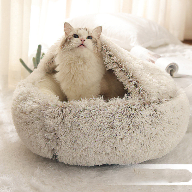 Pet Bed Round Plush Warm Bed House Soft Long Plush Bed 2 In 1 Bed Pets dealsniper-net