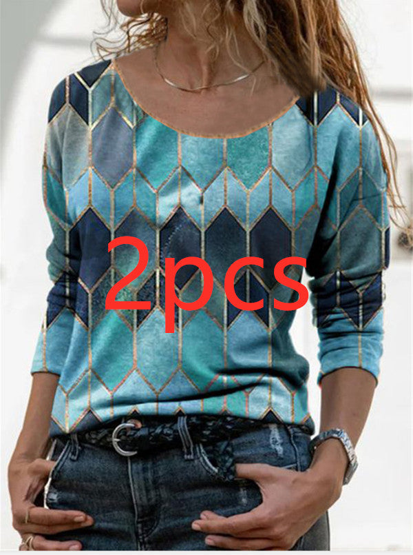 Long sleeve retro geometric print casual top T-shirt Women dealsniper-net Blue2pcs 3XL