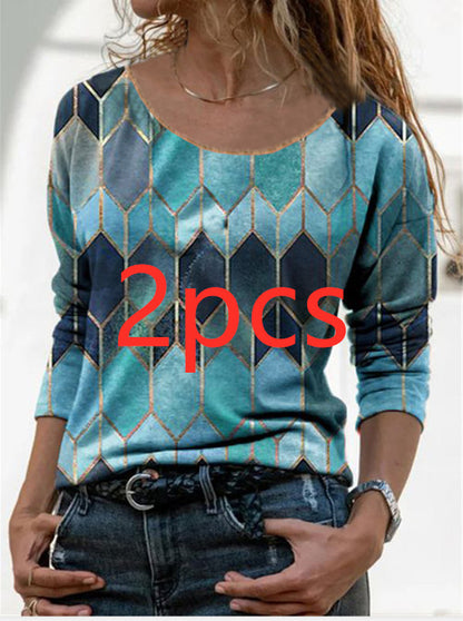 Long sleeve retro geometric print casual top T-shirt Women dealsniper-net Blue2pcs 3XL