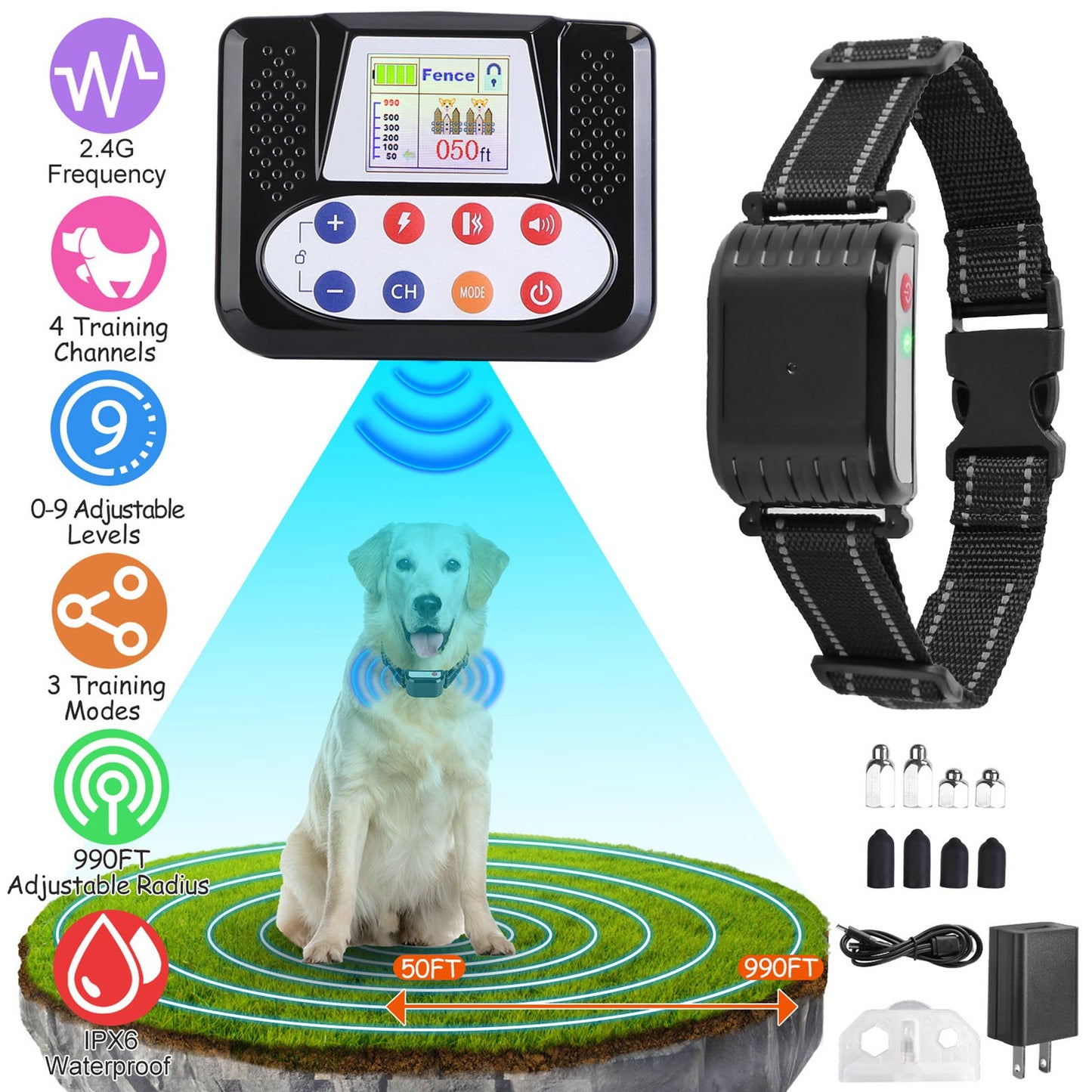 1Set 990FT Range Dog Wireless Fence Remote Training Collar Pets Gym From House