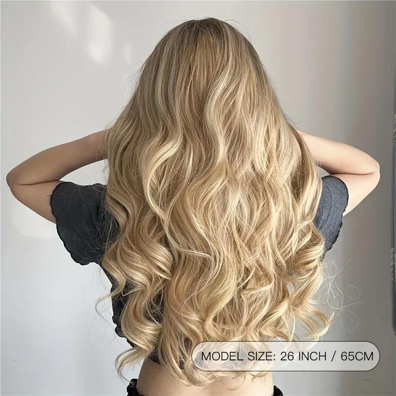 26 Inch Long Ash Blonde Wig With Bangs Natural Wavy Hair