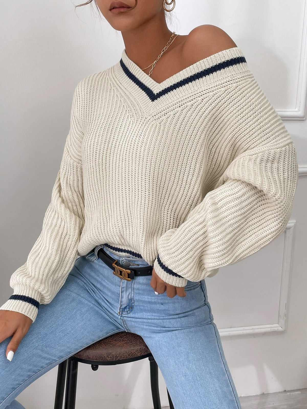 Winter Women's Clothes Cable Knit V Neck Sweaters Casual Women Gym From House