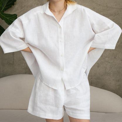 New Cotton And Linen Shirt Pajamas 34 Sleeve Outer Shorts Suit Women dealsniper-net White L