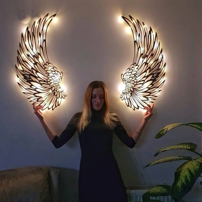 Carved Metal Wall Decor Art With Light Angel Wings Decoration House DealSniper.net