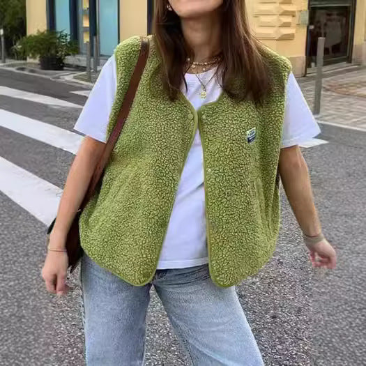 Fashion Single-breasted Vest Jacket Fall Winter Loose Outwear Women dealsniper-net Sleeveless Green L