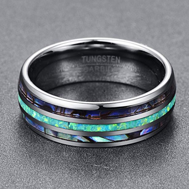 Nuncad 8mm Tungsten Caibide Wedding Ring Band Abalone Shell And Synthetic Opal For Men And Women Jewelry dealsniper-net