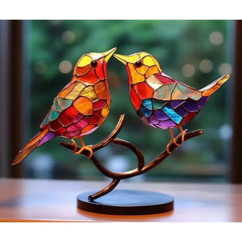 Stained Birds On Branch Desktop Ornaments For Bird Lover Home Decor dealsniper-net 2 Birds Ornaments Acrylic