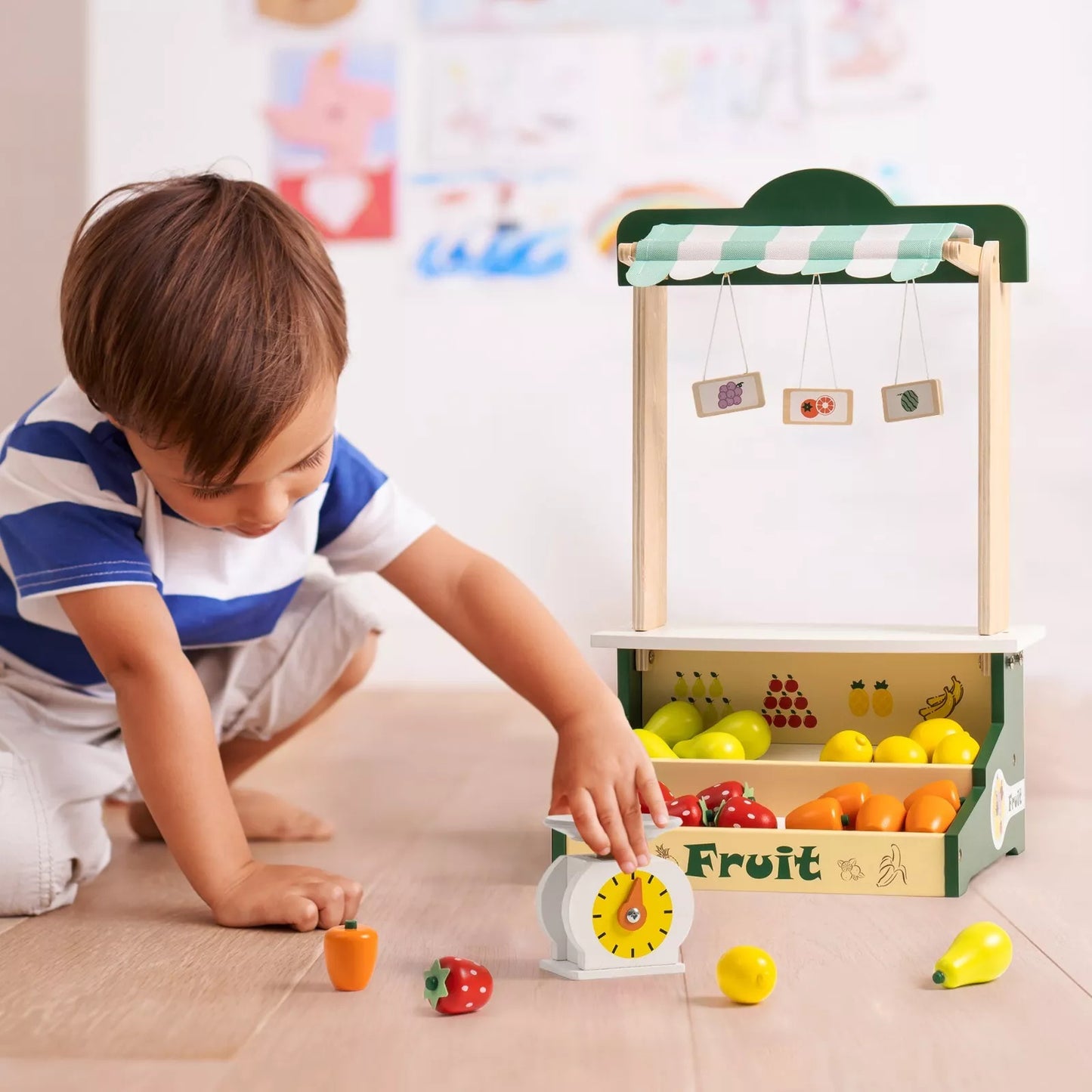 Wooden Farmers Market Stand Fruit Stall Toy For Kids