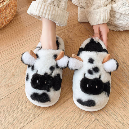 Cute Cartoon Cow Plush Slippers Winter Warm Indoor Shoes