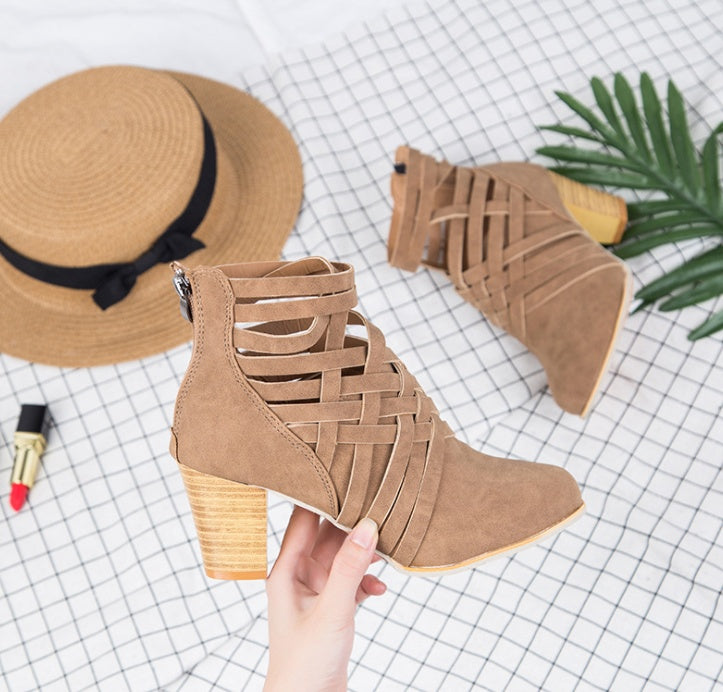 New Pointed Thick Heel Hollow Short Boots Women Gym From House