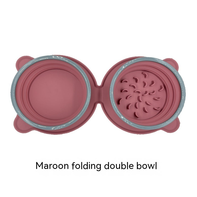 Portable Silicone Double Dog Food Bowls Foldable Non-Slip Pets Gym From House Purplish Red
