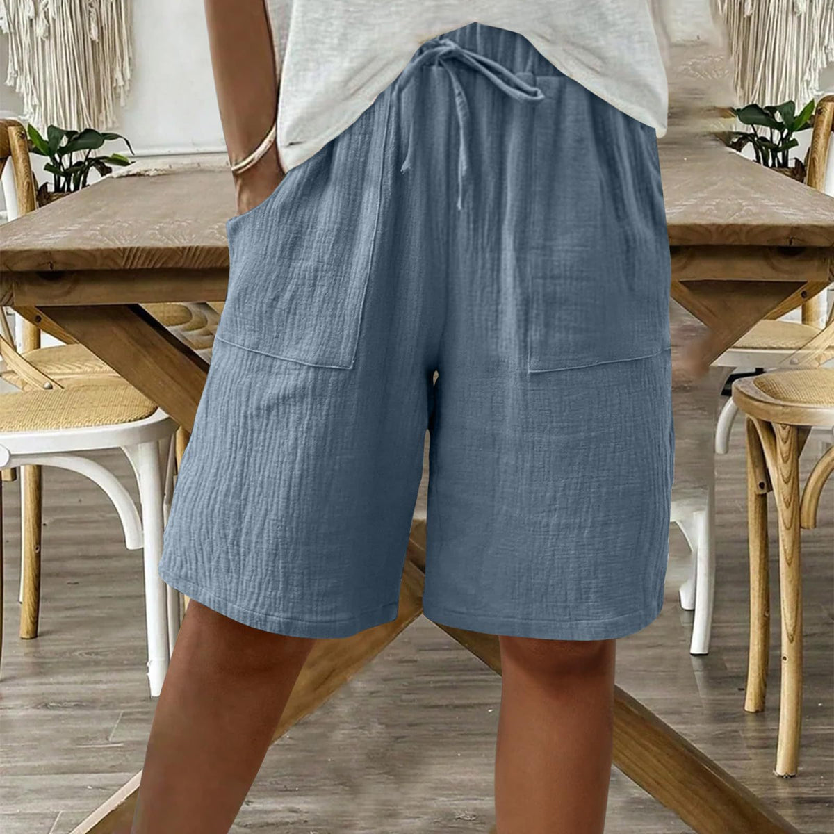 Linen Cotton Shorts, Solid Color Casual Shorts Tie Detail Shorts Women DealSniper.net