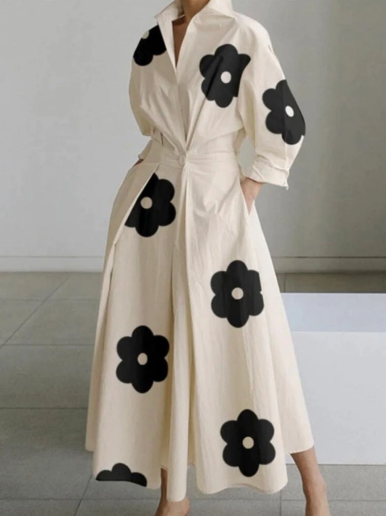 Long-sleeve Blouse Elastic Waist Swing Dress Women DealSniper.net Apricot Black Flowers 4XL