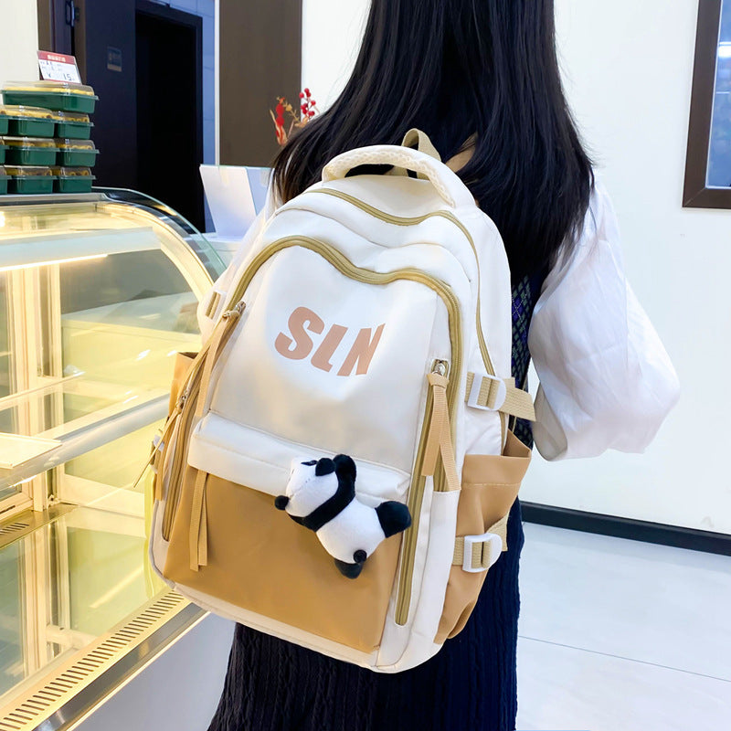 Dirt-resistant Large Capacity Schoolbag Travel Backpack Women DealSniper.net Khaki Backpack With Panda Doll