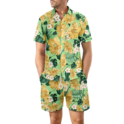 2Pcs Printed Beach Shirt Summer Suit Loose Lapel Button Men DealSniper.net DCS07DXCS6 2XL