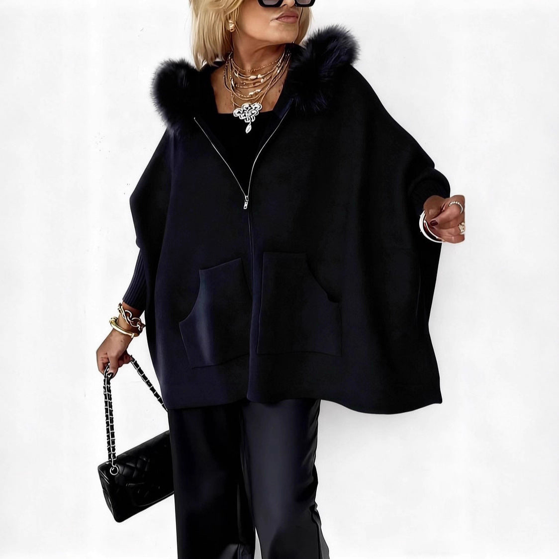 Ins Plush Hooded Cardigan Fashion Warm Pockets Zip-up Knitted Jacket Women null