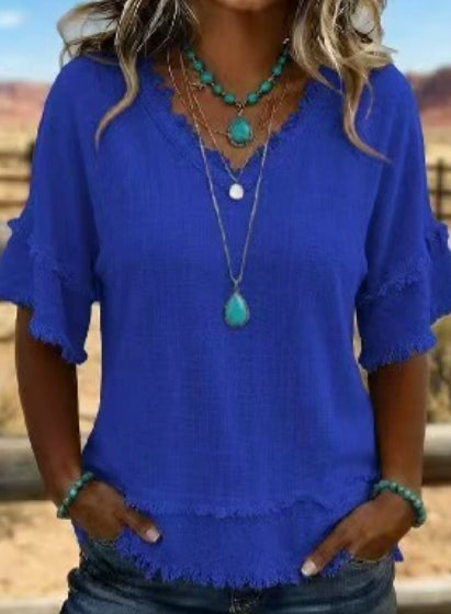 Casual Women's Shirt V-Neck Short Sleeve Loose Fit Women Gym From House Blue 2XL