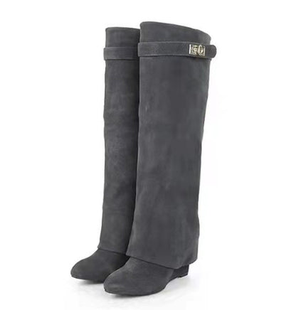 New Wedge Pants Boots Metal Lock Pants Fashion Women Sleeve Women dealsniper-net Gray Matte 35