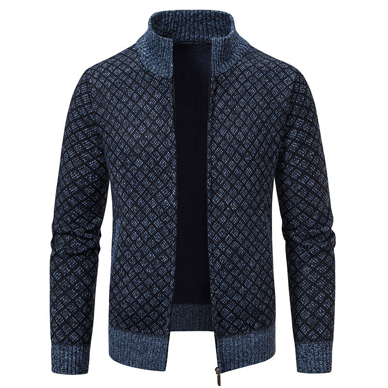 Thickened Plaid Print Jacket Cardigan Fashion Slim Fit Zipper Men Gym From House Blue And Gray L