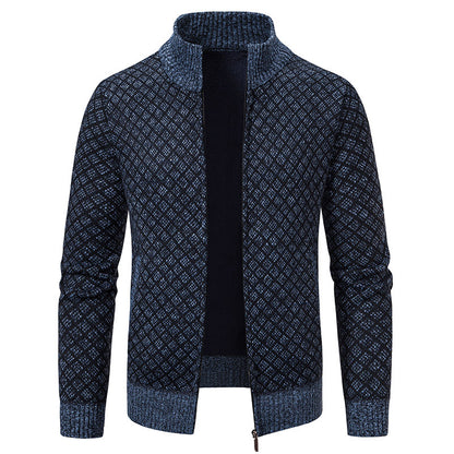 Thickened Plaid Print Jacket Cardigan Fashion Slim Fit Zipper Men Gym From House Blue And Gray L
