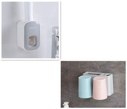 Wall Mounted Automatic Toothpaste Holder Bathroom Accessories Set Dispenser Kitchen dealsniper-net Grey Double cups