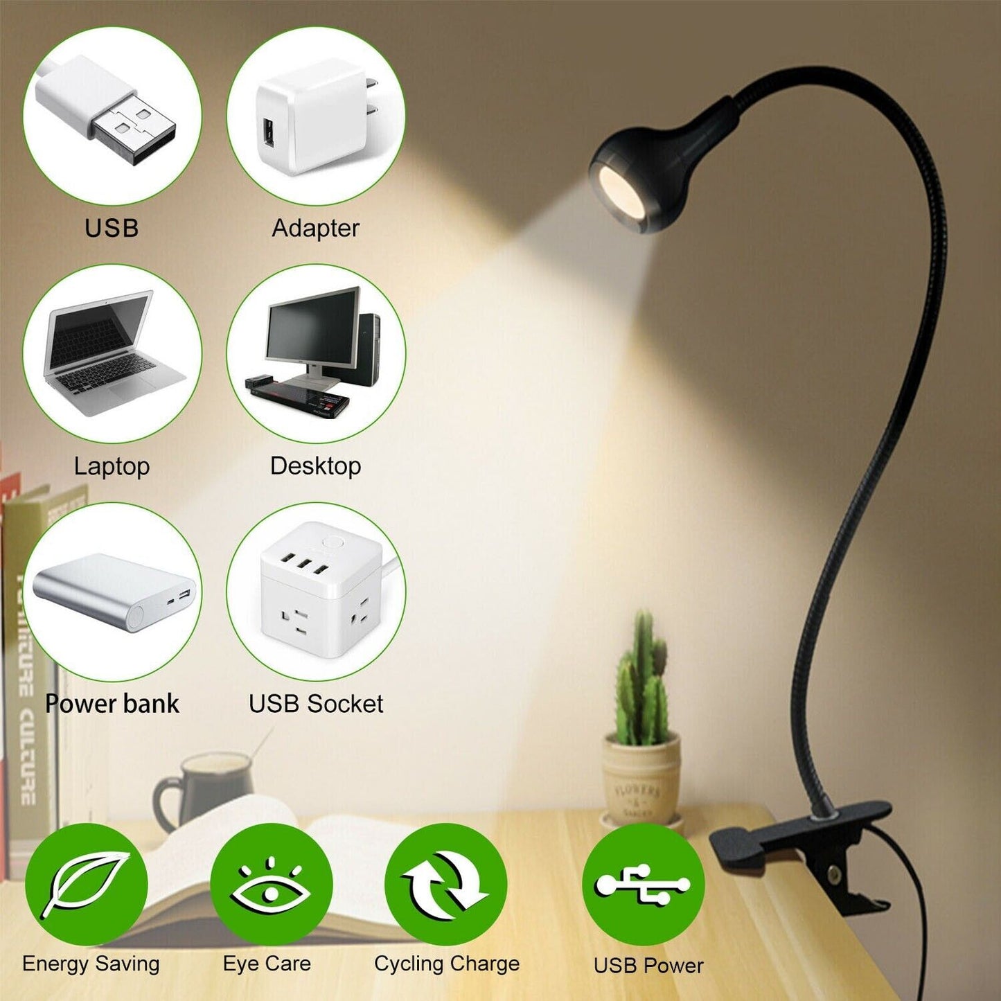 USB Clip-On LED Desk Lamp Flexible Reading Book Light Bedside Work Table Lamp Home dealsniper-net