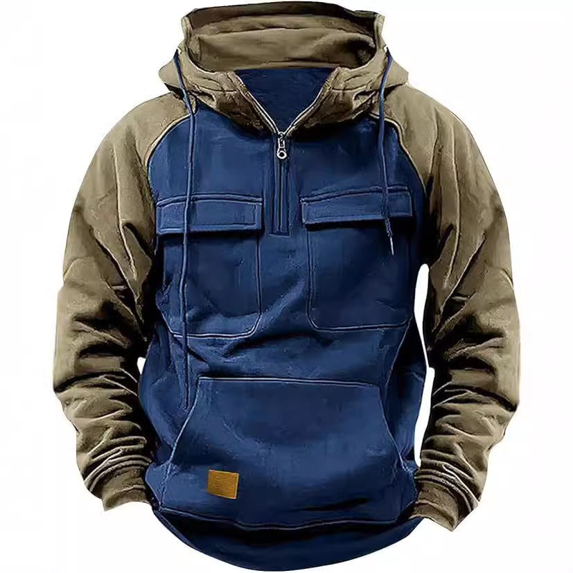 Fall Winter Retro Cargo Hoodies Men's Half Zipper Sweatshirts Men null