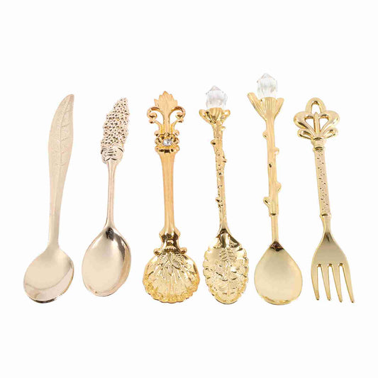 6Pcs/Set Retro Royal Style Metal Mini Coffee Spoons and Fork Kitchen Fruit Accessories Golden Kitchen dealsniper-net