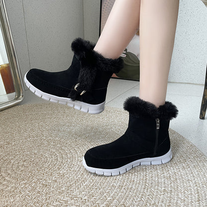 New Snow Boots Winter Warm Thickened Solid Color Plush Ankle Boots With Buckle Design Plus Velvet Flat Shoes For Women Women dealsniper-net