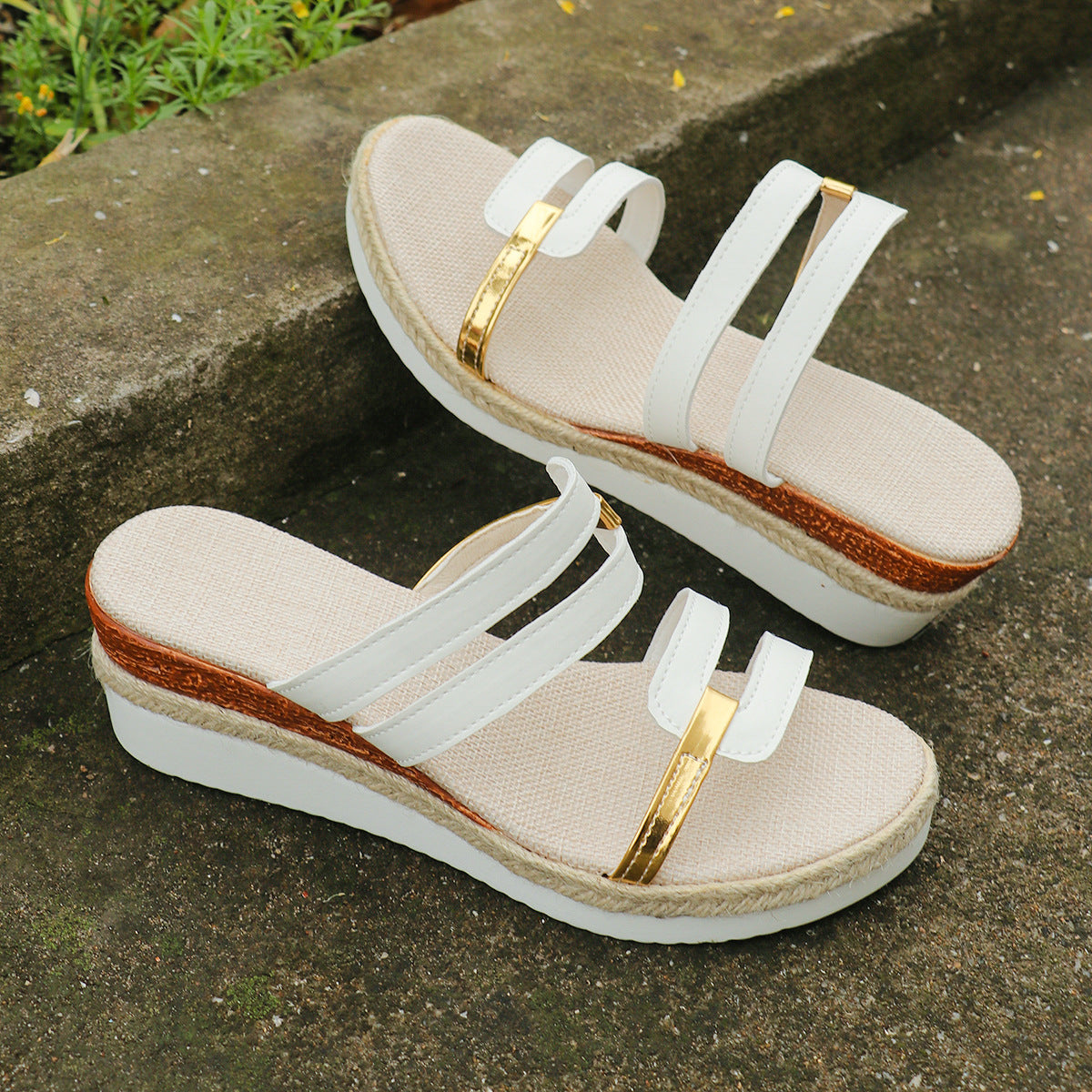 Colorblock-strap Wedges Sandals Summer Fashion Hemp Heel Women dealsniper-net