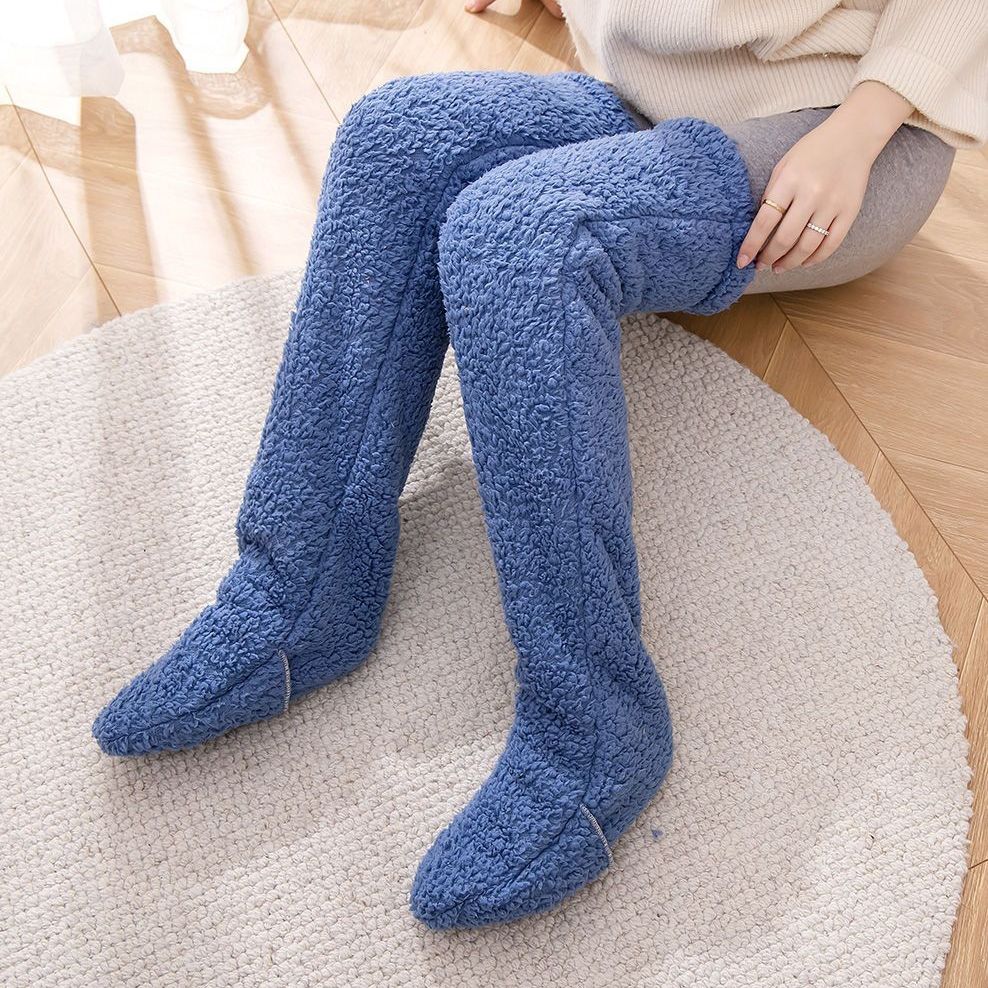 Over Knee High Fuzzy Long Socks Winter Warm Cold Leg Knee Joint Cold-proof Stockings Home Floor Sleeping Socks Men dealsniper-net Dark Blue Average Size