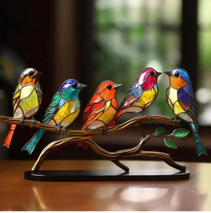 Stained Birds On Branch Desktop Ornaments For Bird Lover Home Decor dealsniper-net Five Birds Metal Art