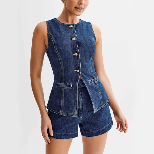 Fashion Denim Suit Summer Casual Sleeveless Button Vest