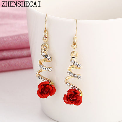 Fashion Jewelry Ethnic Red Rose Drop Earrings Big Rhinestone Women dealsniper-net