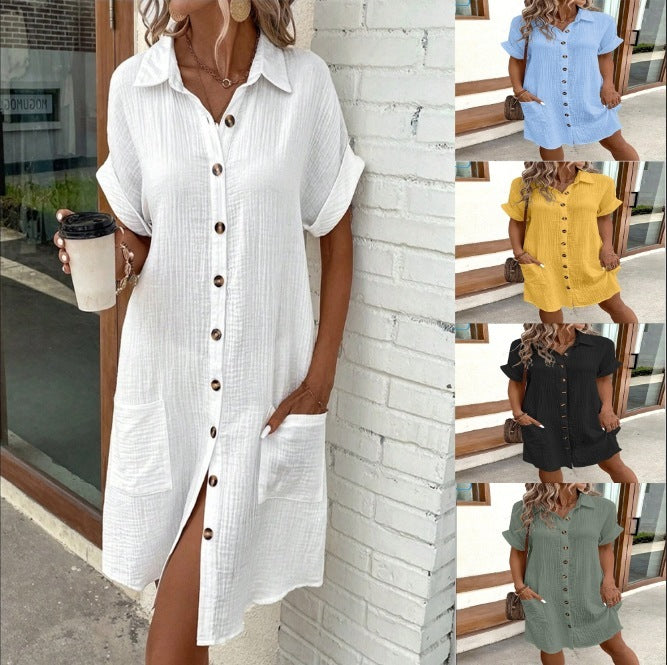 Summer Short Sleeve Shirt Dress Fashion Solid Color Women dealsniper-net