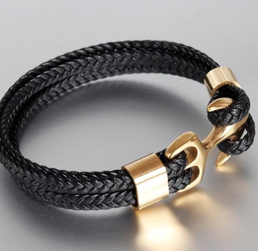 Men's Stainless Steel Anchor Bracelet Vintage Woven Leather Bracelet Jewelry DealSniper.net Gold 18.5cm