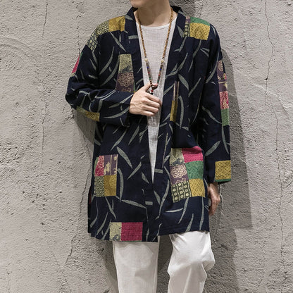 New autumn windbreaker men's long section Korean version of the buckleless cloak jacket male Chinese style cotton and linen Men dealsniper-net