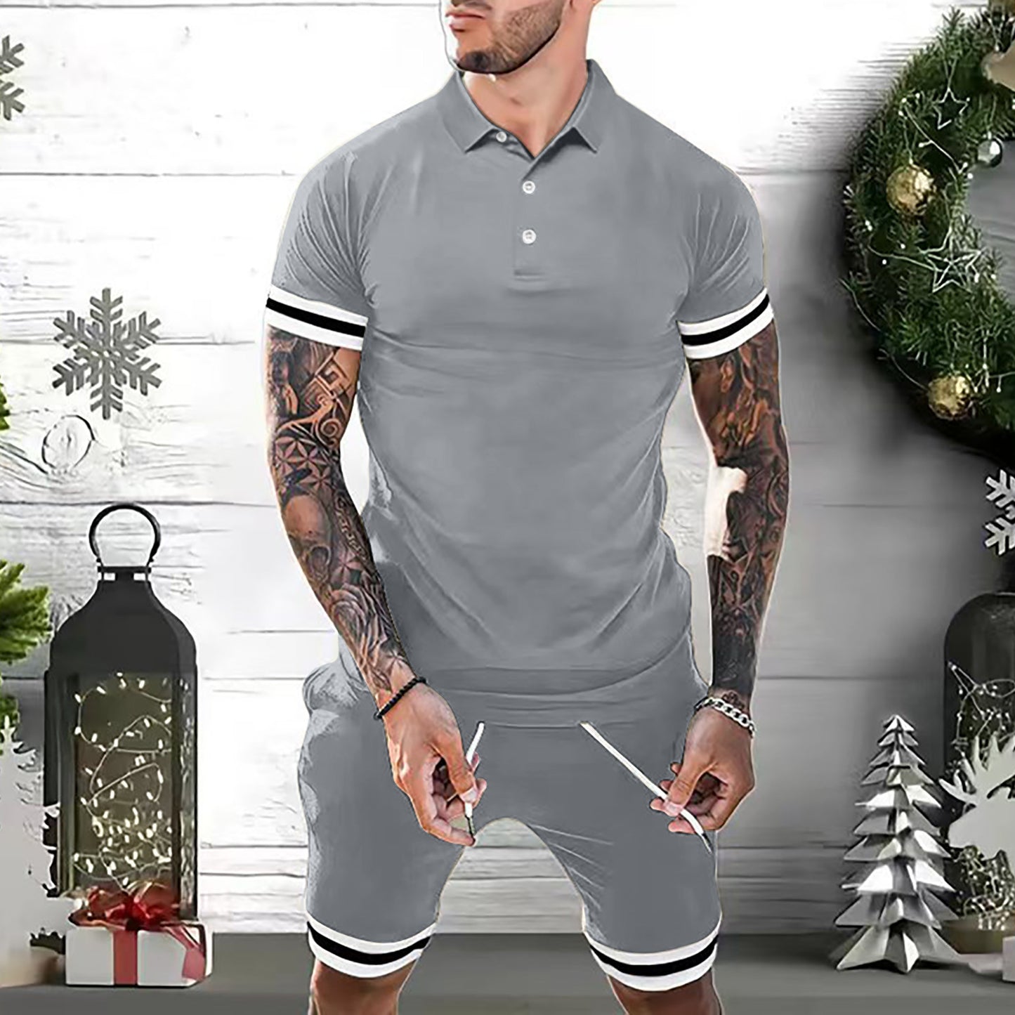 Mens Short Sets 2 Piece Outfits Polo Shirt Fashion Summer Men dealsniper-net Gray 2XL