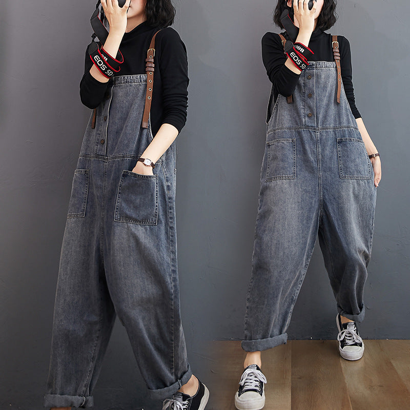 Women's Loose-washed Nine-point Denim Overalls Women dealsniper-net Grey 2XL