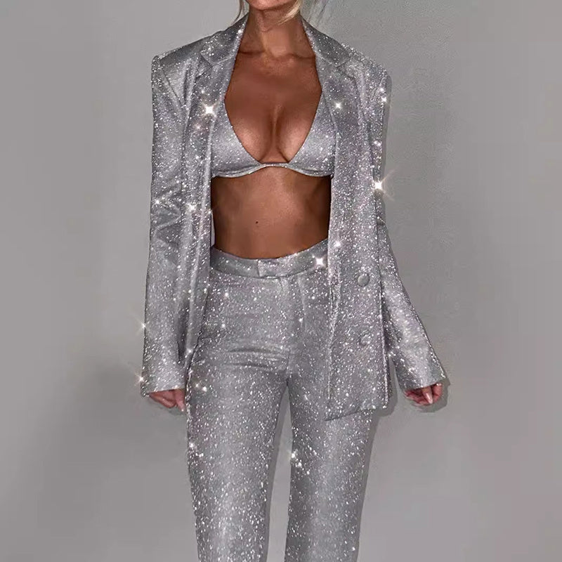 3pcs Shiny Long-sleeved Suit With Bra Lapel Blazer Women DealSniper.net Silver L