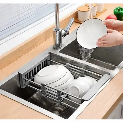 Adjustable Immersion Sink Dish Drying Rack With Stainless Steel Drain Basket - Portable And Retractable Space-Saving Fruit And Vegetable Solution