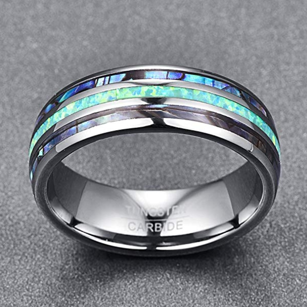 Nuncad 8mm Tungsten Caibide Wedding Ring Band Abalone Shell And Synthetic Opal For Men And Women Jewelry dealsniper-net