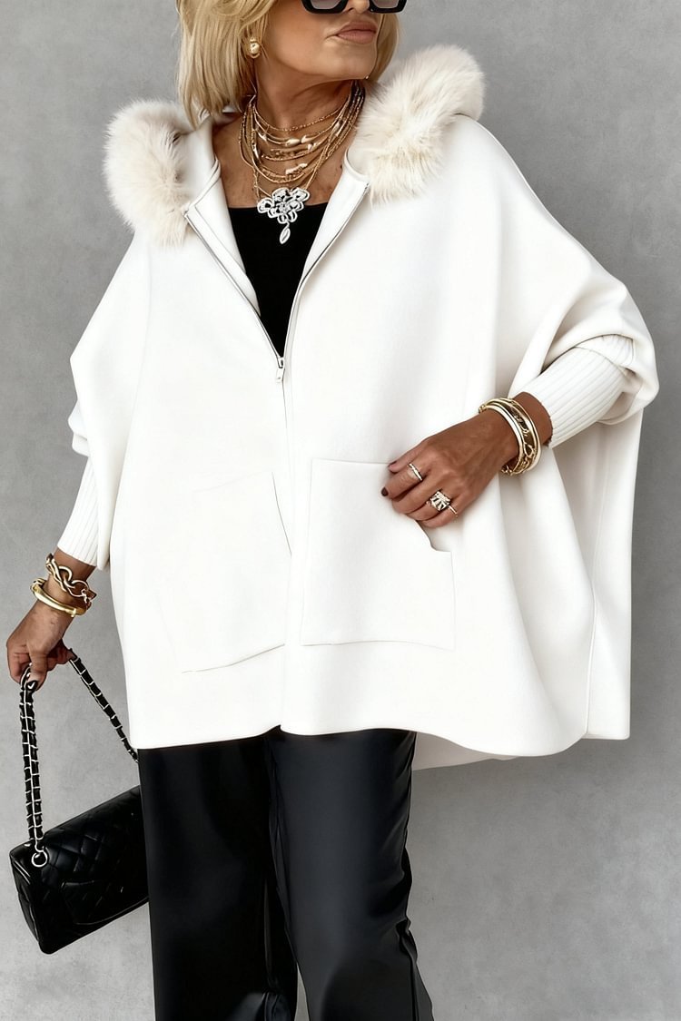 Ins Plush Hooded Cardigan Fashion Warm Pockets Zip-up Knitted Jacket Women null White L