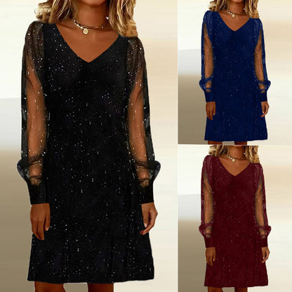 Elegant Women Dress V Neck Shiny And Glowing Mesh Sleeve Women DealSniper.net
