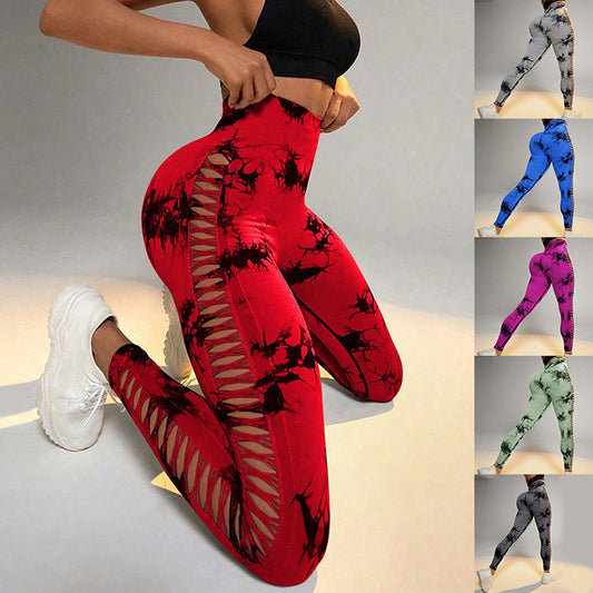 Hollow Tie Dye Printed Yoga Pants High Waist Butt Lift Women Gym From House