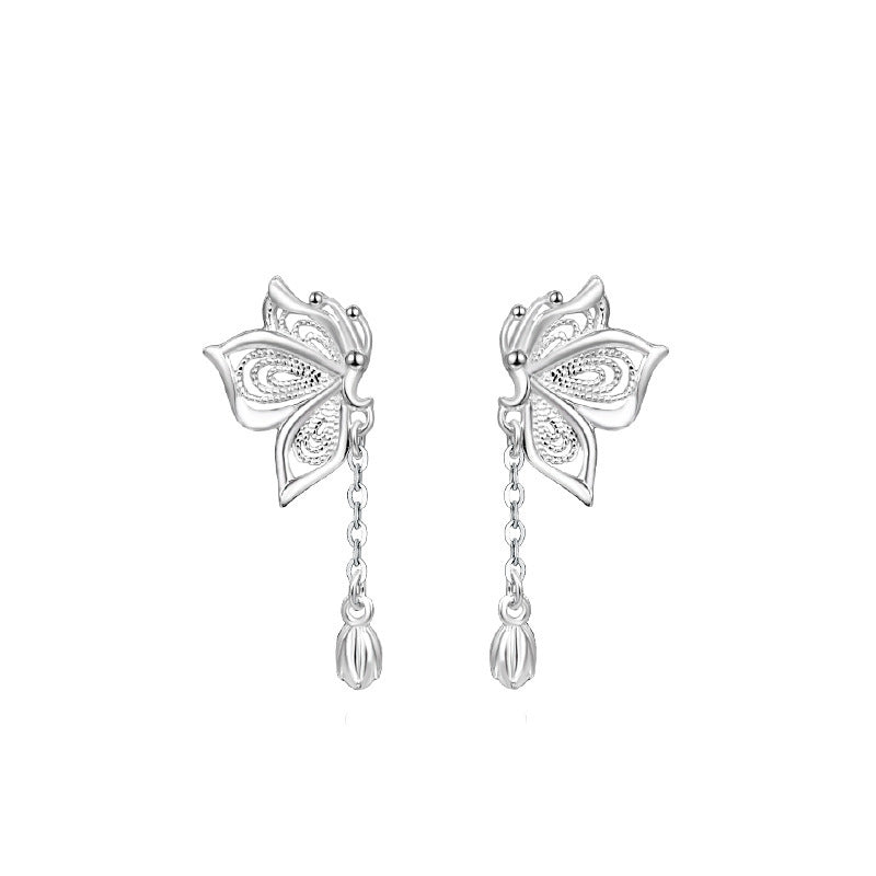 Women's S999 Silver Sweet Tassel New Butterfly Earrings Jewelry dealsniper-net Silver Pure Silver