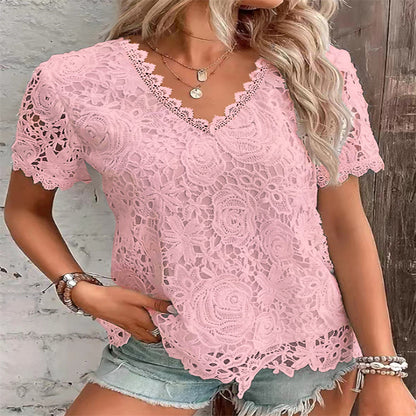 Women's Fashion Top T-shirt Lace Short Sleeve Women Women DealSniper.net Pink 3XL